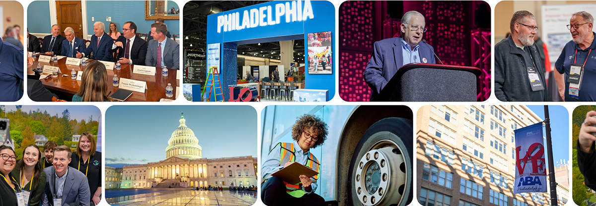 A collage of multiple images showing a diverse mix of ABA activities, including advocating for the bus industry on Capitol Hill, connecting in-person at events, and supporting day-to-day industry work.